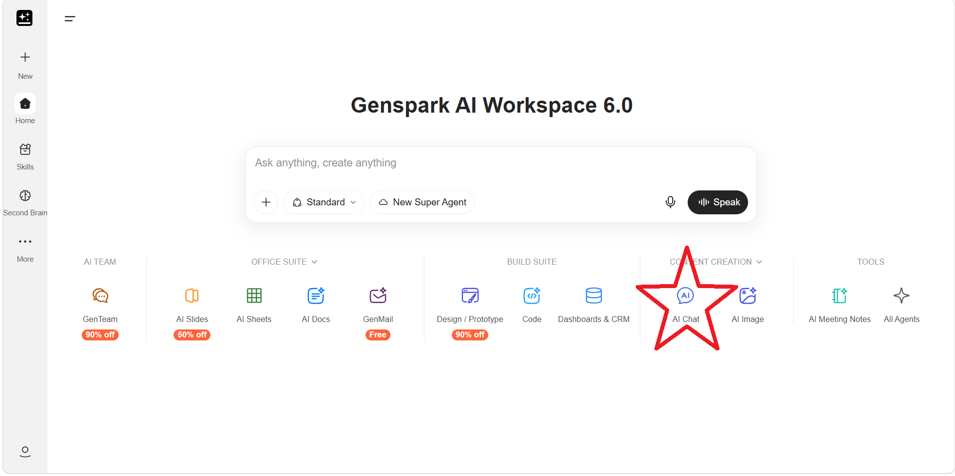 Screenshot of the Genspark homepage highlighting the AI Chat icon