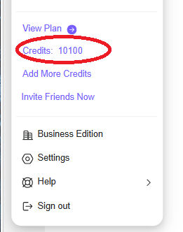 ジェンスパークのクレジット残高が10100に増加した画面
