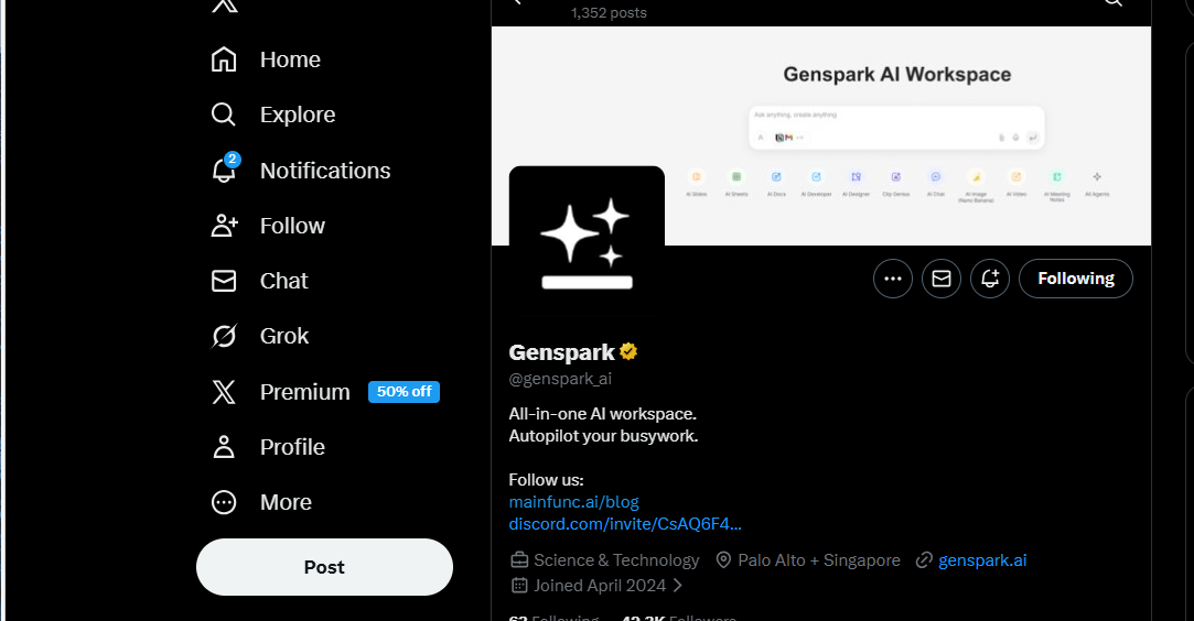 ジェンスパーク公式XアカウントのFollowingボタン